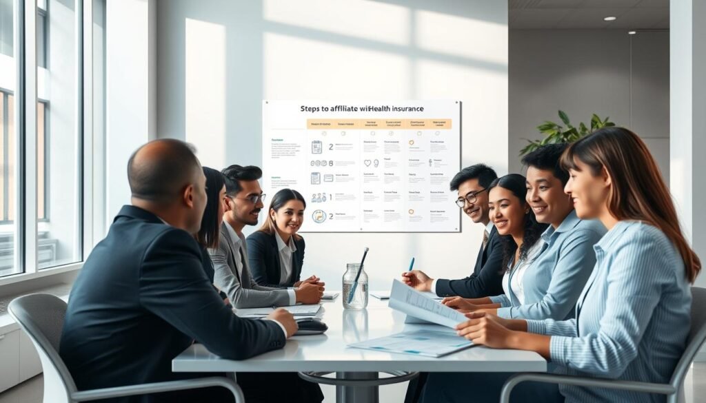 A professional setting depicting the process of health affiliation in Colombia's General Social Security System. In the foreground, a diverse group of individuals in professional business attire sits around a modern conference table, reviewing documents and discussing. In the middle, a large poster on the wall illustrates the steps to affiliate with health insurance, with graphics showing forms and checklists. The background features a bright, well-lit office with large windows, casting natural light across the room. Soft, ambient lighting creates a welcoming atmosphere. Capture the camaraderie and professionalism of the scene with a slightly elevated angle, emphasizing collaboration and understanding in a healthcare context. A professional setting depicting the process of health affiliation in Colombia's General Social Security System. In the foreground, a diverse group of individuals in professional business attire sits around a modern conference table, reviewing documents and discussing. In the middle, a large poster on the wall illustrates the steps to affiliate with health insurance, with graphics showing forms and checklists. The background features a bright, well-lit office with large windows, casting natural light across the room. Soft, ambient lighting creates a welcoming atmosphere. Capture the camaraderie and professionalism of the scene with a slightly elevated angle, emphasizing collaboration and understanding in a healthcare context.