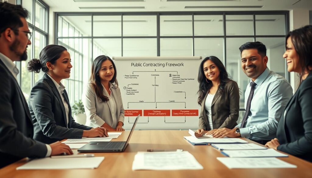 A professional setting depicting the public contracting process in Colombia. In the foreground, a diverse group of four professionals, dressed in business attire, engaged in a collaborative discussion around a large table filled with documents and a laptop. In the middle ground, a whiteboard with flowcharts illustrating the contracting framework, featuring key elements of the Constitution and Ley 80 de 1993. The background shows a modern office space with large windows allowing natural light to flood in, creating a bright and hopeful atmosphere. Use a wide-angle lens to capture the dynamic interaction and determination in their expressions. The overall mood should be one of efficiency and transparency, emphasizing teamwork and professionalism in public procurement.