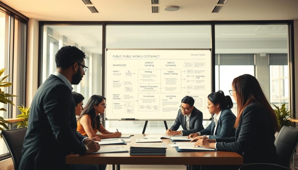 A professional setting depicting various modalities of selection and bidding processes in Colombia. In the foreground, a diverse group of professionals in business attire is engaged in a discussion over documents and charts on a table. In the middle ground, a whiteboard displays flowcharts and key processes related to public work contracts. The background features an office space with large windows, letting in soft natural light that creates a productive atmosphere. The setting conveys a sense of collaboration and focus, with warm tones emanating from the light. Capture this scene from a slightly elevated angle, showcasing the dynamic interactions among the participants while highlighting the educational elements on the board, reflecting the importance of public bidding practices in Colombia. A professional setting depicting various modalities of selection and bidding processes in Colombia. In the foreground, a diverse group of professionals in business attire is engaged in a discussion over documents and charts on a table. In the middle ground, a whiteboard displays flowcharts and key processes related to public work contracts. The background features an office space with large windows, letting in soft natural light that creates a productive atmosphere. The setting conveys a sense of collaboration and focus, with warm tones emanating from the light. Capture this scene from a slightly elevated angle, showcasing the dynamic interactions among the participants while highlighting the educational elements on the board, reflecting the importance of public bidding practices in Colombia.