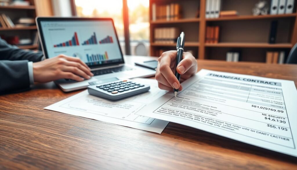A professional setting featuring a detailed financial contract on a wooden desk, with the contract partially open, showcasing financial figures, graphs, and security clauses. In the foreground, a pair of hands in formal attire, holding a pen poised to sign, indicates action. In the middle, a calculator and a laptop displaying relevant data underscore the seriousness of the financial review process. The background includes blurred shelves with business books and a large window letting in soft, natural light, creating a serious yet optimistic mood. The overall atmosphere conveys a sense of professionalism, diligence, and the importance of financial security in contract management.