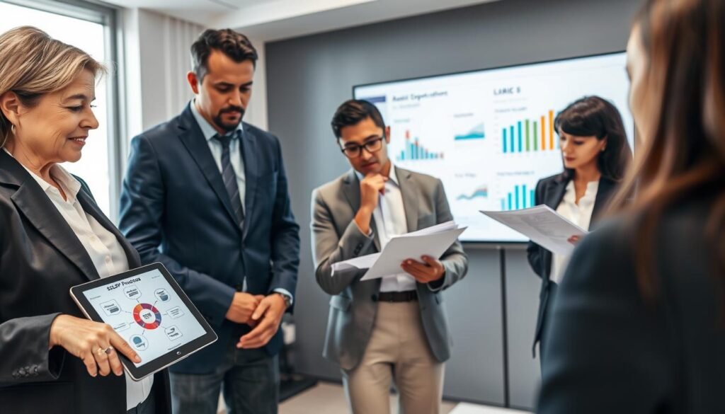 A professional setting featuring a diverse group of business individuals engaged in a collaborative discussion about public procurement strategies in Colombia. In the foreground, a middle-aged woman in a smart business suit points at a digital tablet showing a diagram of the SECOP processes. In the middle, a young man in smart casual attire takes notes, while a thoughtful woman in business attire reviews a document. In the background, a large screen displays graphs and data related to filtering opportunities and key information. The lighting is bright and focused, creating a productive atmosphere, with a slight angle perspective that enhances the sense of teamwork and engagement in the room.