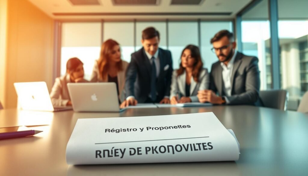 A professional setting featuring a diverse group of business people engaged in discussion around a modern conference table. In the foreground, a neatly organized paperwork titled "Registro Único de Proponentes" lies on the table, alongside laptops and pens. The middle ground portrays business professionals in formal attire, analyzing the paperwork, showing expressions of focus and determination. The background reveals a sleek office environment with large windows allowing natural light to filter in, adding warmth to the scene. The atmosphere is serious yet collaborative, conveying a sense of preparation and evaluation. The image is well-lit, with a soft focus on the subjects, emphasizing their engagement in the process of government contracting. A professional setting featuring a diverse group of business people engaged in discussion around a modern conference table. In the foreground, a neatly organized paperwork titled "Registro Único de Proponentes" lies on the table, alongside laptops and pens. The middle ground portrays business professionals in formal attire, analyzing the paperwork, showing expressions of focus and determination. The background reveals a sleek office environment with large windows allowing natural light to filter in, adding warmth to the scene. The atmosphere is serious yet collaborative, conveying a sense of preparation and evaluation. The image is well-lit, with a soft focus on the subjects, emphasizing their engagement in the process of government contracting.