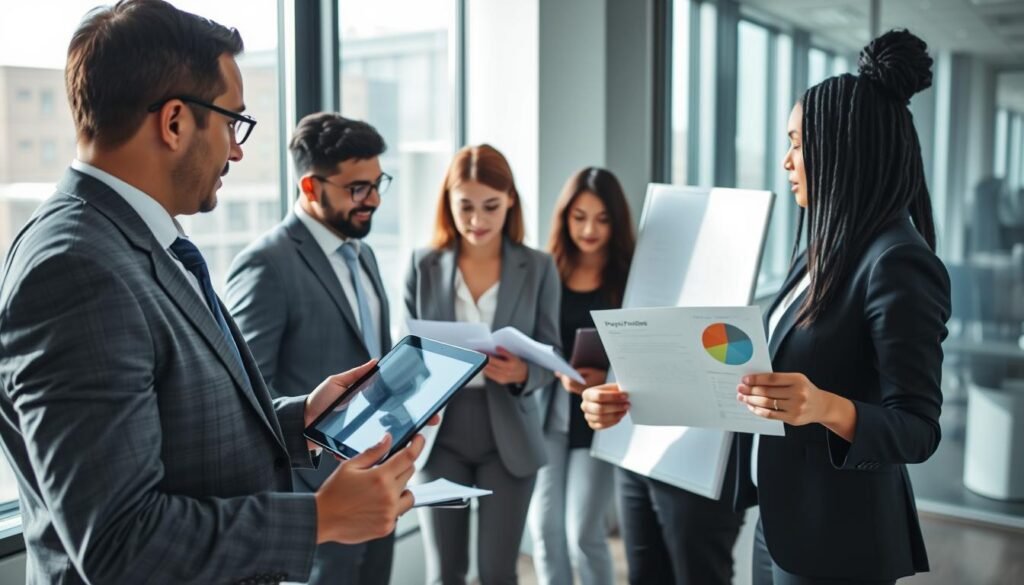 A professional setting featuring a diverse group of business professionals engaged in a collaborative brainstorming session. In the foreground, a middle-aged man in a business suit presents a visually appealing proposal on a digital tablet to an attentive team. In the middle, a woman in a smart blazer reviews documents while another colleague sketches ideas on a whiteboard, all focused and engaged. The background showcases a modern office with large windows allowing natural light, casting soft shadows across the room. The atmosphere is dynamic and inspiring, suggesting creativity and strategic thinking. Use a camera angle that captures the group's interaction, enhancing the sense of teamwork and determination. The scene should reflect professionalism and innovation without any text or distractions.