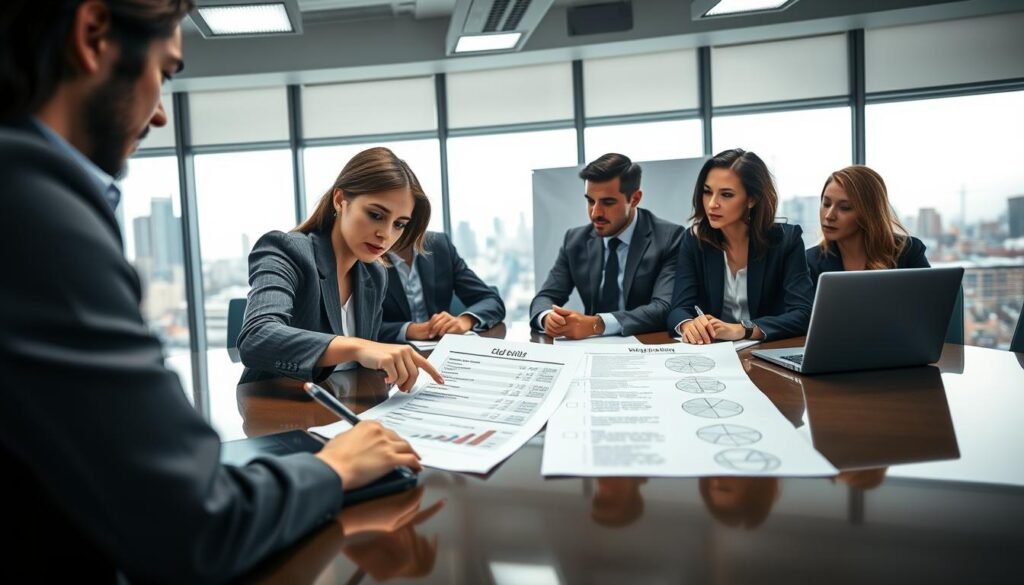 A professional setting featuring a diverse group of business professionals gathered around a large conference table, reviewing bid documents and creating a checklist. The foreground focuses on a woman in a smart blazer, pointing to detailed bid specifications on a document, with a laptop open beside her displaying graphs and statistics. In the middle, a man in a business suit is taking notes, while another colleague, dressed in smart casual attire, is engaged in discussion, gesturing towards a whiteboard filled with strategy outlines. The background includes soft overhead lighting that enhances the focused atmosphere, with large windows showcasing a busy cityscape, symbolizing opportunity and ambition. The overall mood is collaborative and focused, emphasizing professionalism and determination in the bidding process. A professional setting featuring a diverse group of business professionals gathered around a large conference table, reviewing bid documents and creating a checklist. The foreground focuses on a woman in a smart blazer, pointing to detailed bid specifications on a document, with a laptop open beside her displaying graphs and statistics. In the middle, a man in a business suit is taking notes, while another colleague, dressed in smart casual attire, is engaged in discussion, gesturing towards a whiteboard filled with strategy outlines. The background includes soft overhead lighting that enhances the focused atmosphere, with large windows showcasing a busy cityscape, symbolizing opportunity and ambition. The overall mood is collaborative and focused, emphasizing professionalism and determination in the bidding process.
