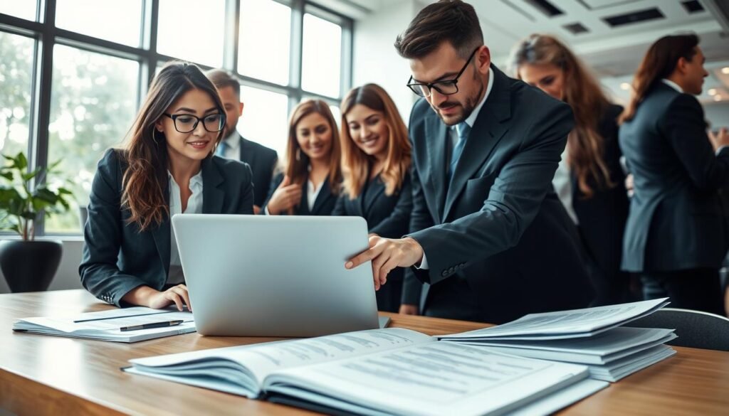 A professional setting featuring a diverse group of individuals in business attire, focused on crafting a proposal document. In the foreground, a woman with glasses reviews a proposal on her laptop, while a man stands next to her, pointing at a printed document on the table, emphasizing collaboration. In the middle, an open notebook and a stack of papers are arranged neatly, symbolizing organization and preparation. The background shows a modern office with large windows allowing soft natural light to illuminate the scene, creating a bright and optimistic atmosphere. The image captures a sense of determination and teamwork as they prepare a competitive proposal for evaluation. The lens perspective should convey a slightly elevated angle to focus on the engaged expressions of the professionals.
