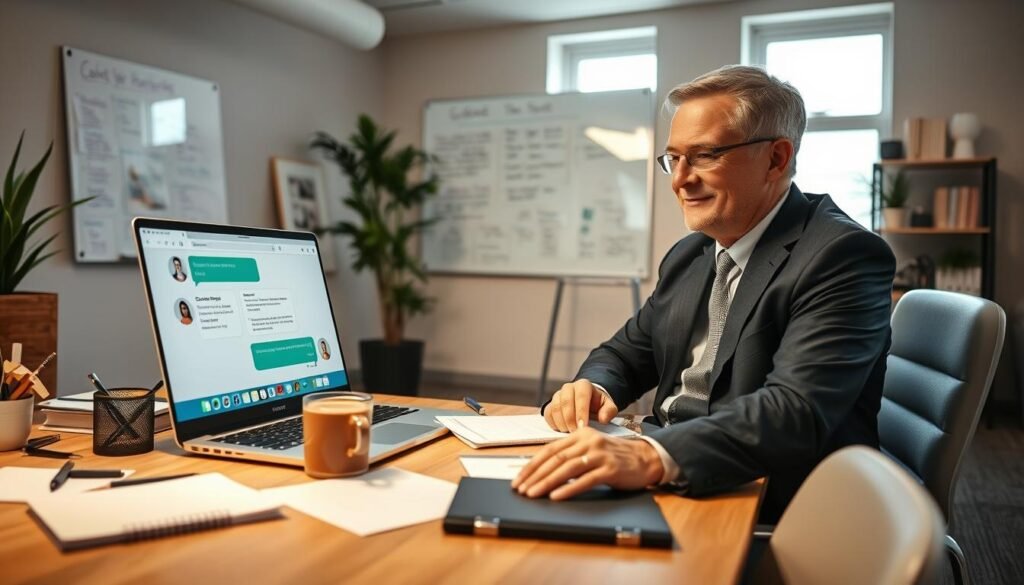 A professional setting for virtual chat preparation, featuring a well-organized workspace. In the foreground, a desk with a laptop open to a chat interface, surrounded by notepads, pens, and a cup of coffee. A business-attired individual, a middle-aged person, sits focused, dressed in a smart suit, with a slight smile, glancing at the screen. In the middle, a well-structured wall-mounted whiteboard filled with notes and tips about online communication. The background showcases a neatly arranged office with a window letting in natural light, creating a bright and inviting atmosphere. The lighting should be soft and warm, emphasizing a calm and professional mood, captured from a slightly elevated angle to give a comprehensive view of the workspace.