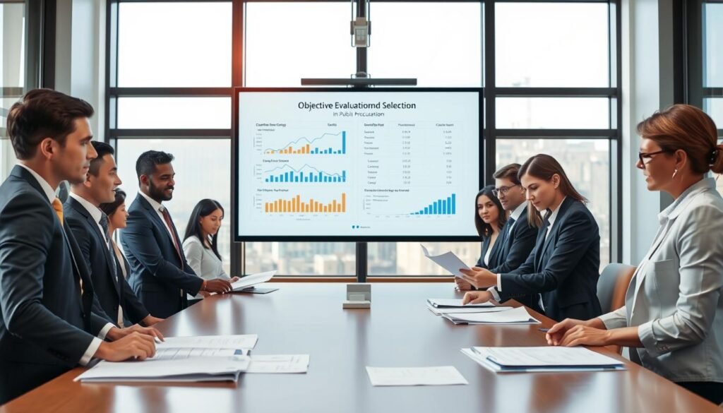 A professional setting illustrating the concept of objective evaluation and selection in public procurement. In the foreground, a diverse group of business professionals, dressed in formal attire, examine documents and data on a large conference table. In the middle ground, charts and graphs displaying evaluation metrics and scoring criteria are projected on a screen, showing a clear, organized analysis process. The background features a modern office with large windows allowing natural light to flood the space, creating an atmosphere of focus and collaboration. The overall mood is serious yet optimistic, reflecting diligence in decision-making. Capture the scene from a slightly elevated angle to include both the activities of the group and the visual aids. A professional setting illustrating the concept of objective evaluation and selection in public procurement. In the foreground, a diverse group of business professionals, dressed in formal attire, examine documents and data on a large conference table. In the middle ground, charts and graphs displaying evaluation metrics and scoring criteria are projected on a screen, showing a clear, organized analysis process. The background features a modern office with large windows allowing natural light to flood the space, creating an atmosphere of focus and collaboration. The overall mood is serious yet optimistic, reflecting diligence in decision-making. Capture the scene from a slightly elevated angle to include both the activities of the group and the visual aids.