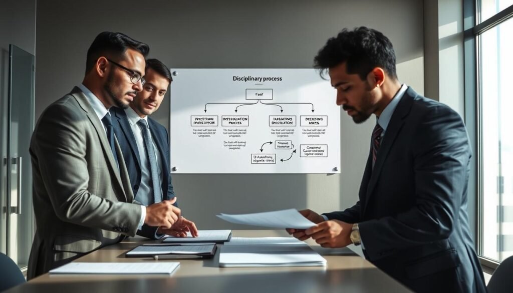 A professional setting illustrating the "disciplinary process." In the foreground, a diverse group of three individuals in formal business attire (two men and one woman) engaged in a serious discussion while examining documents on a table. The middle layer features a flowchart on the wall detailing the steps of the disciplinary process, with arrows directing the progression from “investigation” to “decision-making.” In the background, a modern office environment with large windows allowing natural light to stream in, enhancing the atmosphere of clarity and professionalism. Soft shadows create depth, while a neutral color palette conveys seriousness and focus. The overall mood is one of diligence and structured procedure, perfect for understanding critical stages. A professional setting illustrating the "disciplinary process." In the foreground, a diverse group of three individuals in formal business attire (two men and one woman) engaged in a serious discussion while examining documents on a table. The middle layer features a flowchart on the wall detailing the steps of the disciplinary process, with arrows directing the progression from “investigation” to “decision-making.” In the background, a modern office environment with large windows allowing natural light to stream in, enhancing the atmosphere of clarity and professionalism. Soft shadows create depth, while a neutral color palette conveys seriousness and focus. The overall mood is one of diligence and structured procedure, perfect for understanding critical stages.