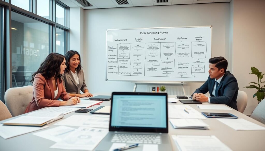 A professional setting illustrating the step-by-step public contracting process in Colombia. In the foreground, a diverse group of business professionals in formal attire—two women and two men—gather around a large table covered with documents, charts, and a laptop displaying a project plan. In the middle ground, a whiteboard filled with flowcharts detailing the contracting stages from "need assessment" to "liquidation" provides additional context. The background features an office space with large windows, soft natural light streaming in, providing a bright and optimistic atmosphere. The scene captures a mood of collaboration and professionalism, with focused expressions on the participants' faces, emphasizing the careful planning involved in public procurement.