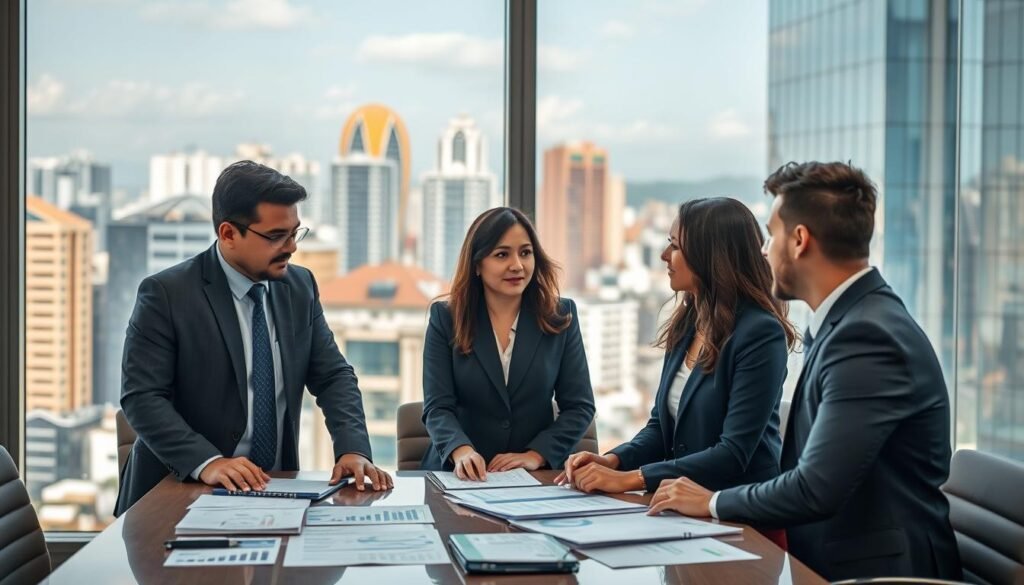 A professional setting in Colombia, focusing on the concept of "oferente." In the foreground, a diverse group of three professionals in business attire is engaged in a negotiation around a conference table filled with documents and financial charts, displaying an atmosphere of collaboration and business acumen. In the middle, a clear view of a large window reveals a bustling cityscape, symbolizing economic activity. The background shows elements of contemporary Colombian architecture, blending traditional and modern styles. Bright natural lighting illuminates the scene, enhancing clarity and focus. A slight depth of field effect creates a professional and polished ambiance, reflecting the complexities of economic and legal contexts.