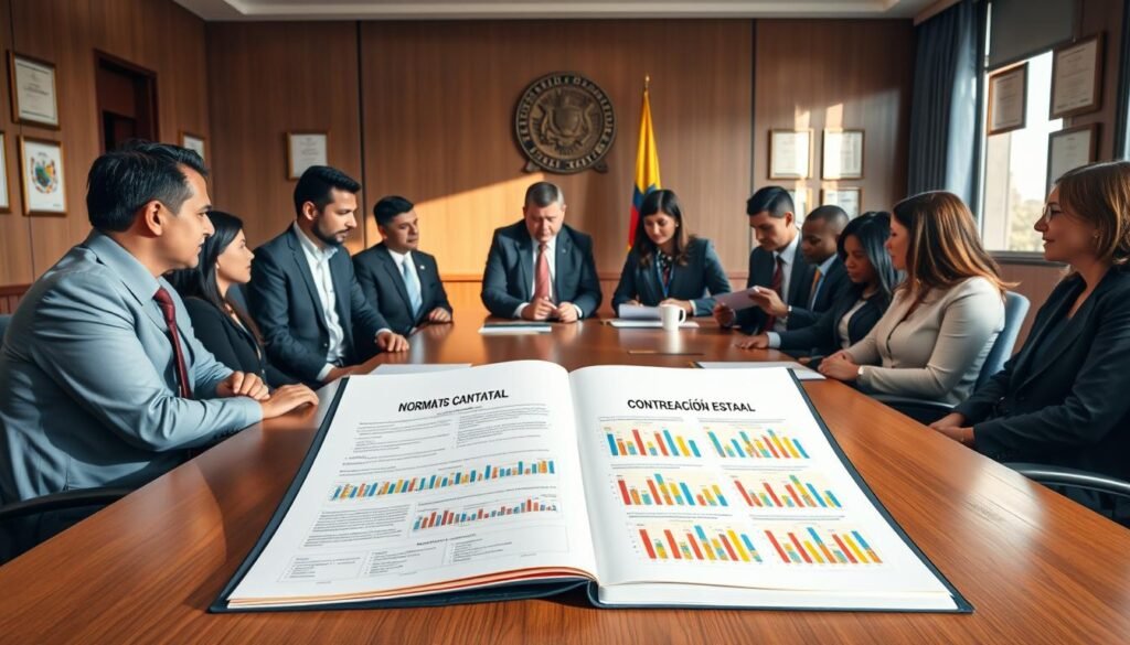 A professional setting in a government office in Colombia, featuring a large wooden conference table surrounded by diverse business professionals in business attire, focused on a legal document titled "Normativas Contratación Estatal". In the foreground, an open binder filled with colorful charts and graphs illustrating key regulations is prominently displayed. In the middle ground, a group of four people engaged in discussion, with one pointing at the document while others take notes. The background features a large window with sunlight streaming in, casting soft shadows on the walls adorned with Colombian flags and legal certificates. The atmosphere is serious yet collaborative, reflecting the mood of diligence and opportunity in public bidding processes. The image is captured with a wide-angle lens for an inclusive view, balanced lighting to emphasize the details.