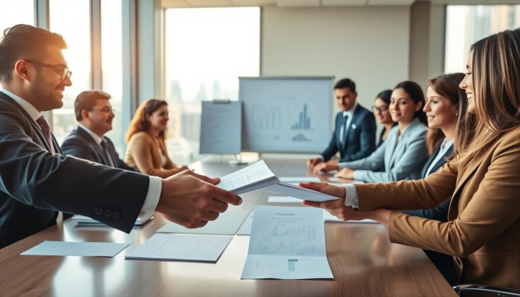 A professional setting inside a modern office, where a diverse group of businessmen and businesswomen in professional attire are gathered around a large conference table, discussing a partnership to form a consortium for public contracts in Colombia. In the foreground, a close-up of hands exchanging contracts and documents, symbolizing collaboration and agreement. In the middle ground, the team is engaged in lively discussion, showcasing a whiteboard filled with charts and notes about the consortium's strategy. The background features large windows with a view of a city skyline, reflecting a bright and optimistic ambiance. Soft natural lighting enhances the professional atmosphere, while warm tones convey a sense of unity and purpose.