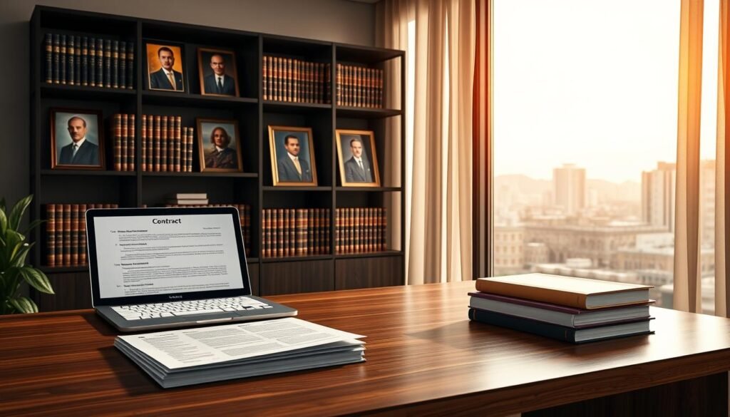 A professional setting representing the concept of legal frameworks in Colombia. In the foreground, feature a modern wooden desk with a stack of legal documents and a laptop displaying a digital contract. In the middle, include a sleek bookshelf filled with law books and framed portraits of influential Colombian legal figures. The background showcases a large window with a view of a Colombian cityscape, illuminated by warm afternoon sunlight filtering through sheer curtains. Use a soft focus to create a serene and contemplative atmosphere, emphasizing the importance of the legal context. The lighting should highlight the textures of the desk and books while maintaining a professional mood, suggesting the weight and significance of legal norms shaping public contracts.