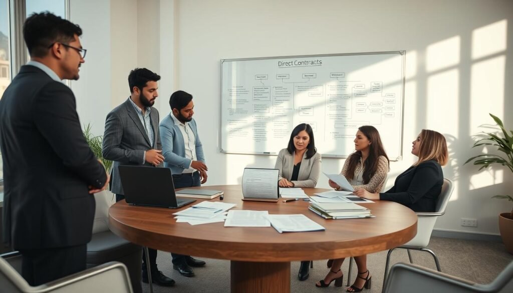 A professional setting showcasing a business meeting in Colombia focused on direct contracts with the government. In the foreground, a diverse group of three professionals (two men and one woman) in business attire discussing documents, with one pointing at a contract on the table. In the middle, a large, round wooden table scattered with papers and a laptop. On the background wall, a whiteboard with flowcharts explaining contract processes. Soft, natural lighting filtering in through large windows, casting gentle shadows. The atmosphere conveys professionalism and collaboration, highlighting the practical aspects of government contracts. The angle is slightly elevated, offering a clear view of the participants' engaged expressions and the documents they are analyzing. A professional setting showcasing a business meeting in Colombia focused on direct contracts with the government. In the foreground, a diverse group of three professionals (two men and one woman) in business attire discussing documents, with one pointing at a contract on the table. In the middle, a large, round wooden table scattered with papers and a laptop. On the background wall, a whiteboard with flowcharts explaining contract processes. Soft, natural lighting filtering in through large windows, casting gentle shadows. The atmosphere conveys professionalism and collaboration, highlighting the practical aspects of government contracts. The angle is slightly elevated, offering a clear view of the participants' engaged expressions and the documents they are analyzing.