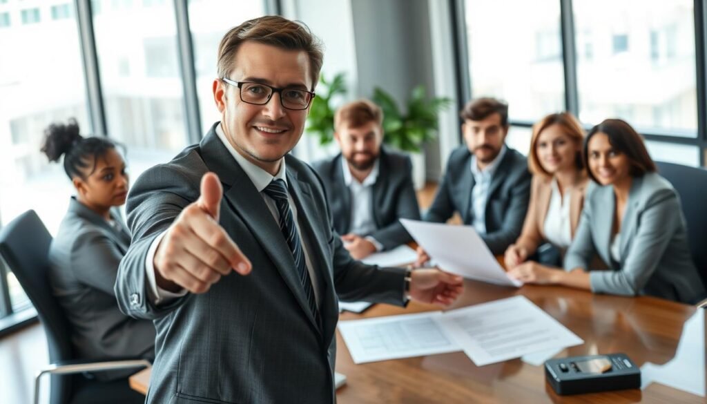 A professional setting showcasing a business meeting scene where a confident businessperson is presenting a contract proposal. In the foreground, a well-dressed individual in formal business attire, exuding professionalism, points at a contract document on the table, illustrating the role of the "offering" party in a contract. The middle ground captures a group of attentive colleagues seated around the table, all engaged in the discussion, with expressions of interest. The background features a modern office environment with large windows, allowing natural light to illuminate the scene, creating an atmosphere of collaboration and focus. Use a wide-angle lens to capture the dynamics of the meeting, with soft lighting to highlight the professionalism and seriousness of the subject matter. A professional setting showcasing a business meeting scene where a confident businessperson is presenting a contract proposal. In the foreground, a well-dressed individual in formal business attire, exuding professionalism, points at a contract document on the table, illustrating the role of the "offering" party in a contract. The middle ground captures a group of attentive colleagues seated around the table, all engaged in the discussion, with expressions of interest. The background features a modern office environment with large windows, allowing natural light to illuminate the scene, creating an atmosphere of collaboration and focus. Use a wide-angle lens to capture the dynamics of the meeting, with soft lighting to highlight the professionalism and seriousness of the subject matter.
