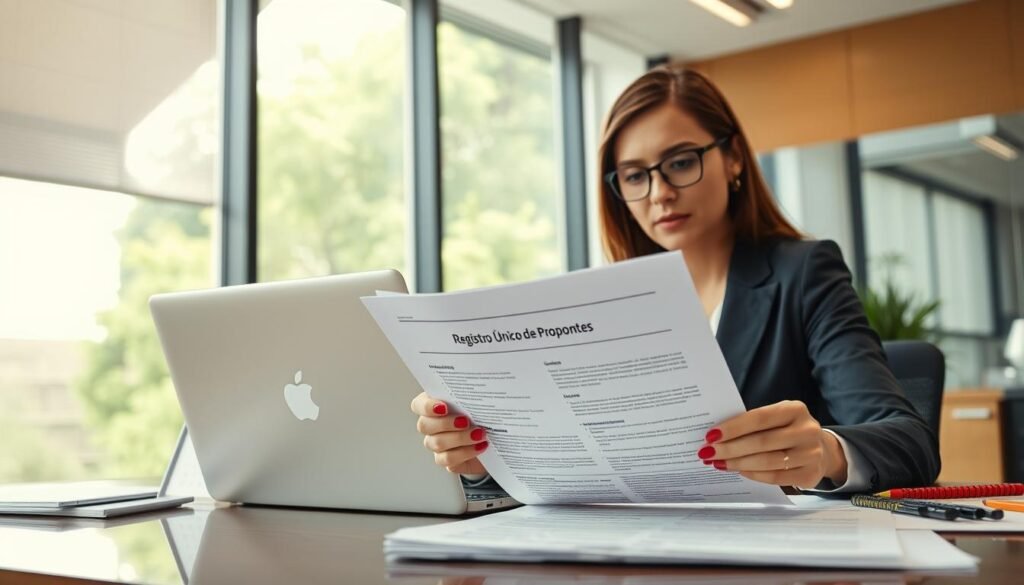 A professional setting showcasing a business woman in a modern office environment, dressed in smart business attire, sitting at a desk filled with documents and a laptop. In the foreground, a clear view of the woman's focused expression as she reviews the "Registro Único de Proponentes" document, emphasizing its importance. In the middle, the desk is adorned with office supplies and a calendar, creating an organized atmosphere. The background features a large window with natural light pouring in, illuminating the space and giving a sense of clarity and professionalism. The overall mood is one of determination and readiness, ideal for a businessperson preparing to engage in a bidding process for government contracts in Colombia.