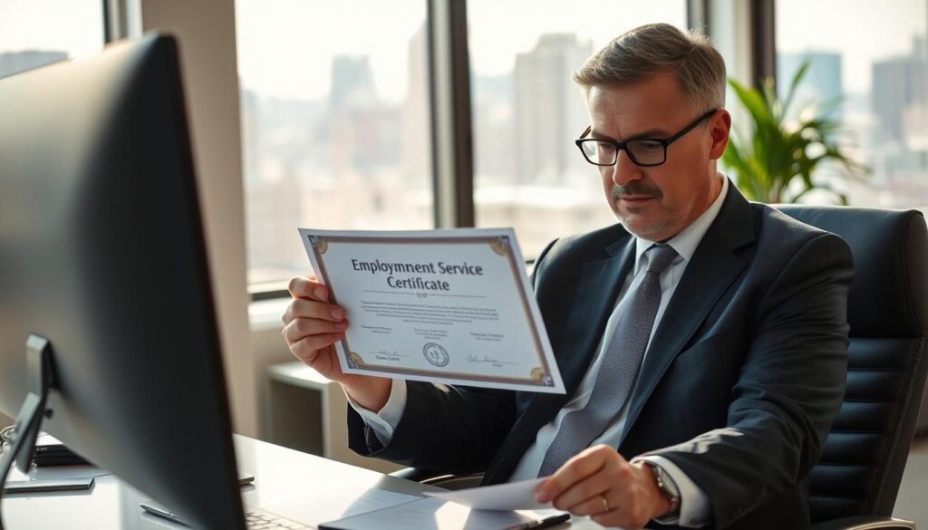 A professional setting showcasing a businessperson seated at a desk in an office environment, examining a certificate labeled "Employment Service Certificate". The foreground features the individual, a middle-aged man in a neat suit, focused and taking notes, emphasizing the practical use of the certificate. The middle ground includes a computer with employment-related documents visible on the screen and a neatly arranged workspace. In the background, a window reveals a cityscape illuminated by soft sunlight, creating a warm and positive atmosphere. The lighting is bright but natural, creating an optimistic mood, with a slight depth of field effect to highlight the subject and certificate. A professional setting showcasing a businessperson seated at a desk in an office environment, examining a certificate labeled "Employment Service Certificate". The foreground features the individual, a middle-aged man in a neat suit, focused and taking notes, emphasizing the practical use of the certificate. The middle ground includes a computer with employment-related documents visible on the screen and a neatly arranged workspace. In the background, a window reveals a cityscape illuminated by soft sunlight, creating a warm and positive atmosphere. The lighting is bright but natural, creating an optimistic mood, with a slight depth of field effect to highlight the subject and certificate.