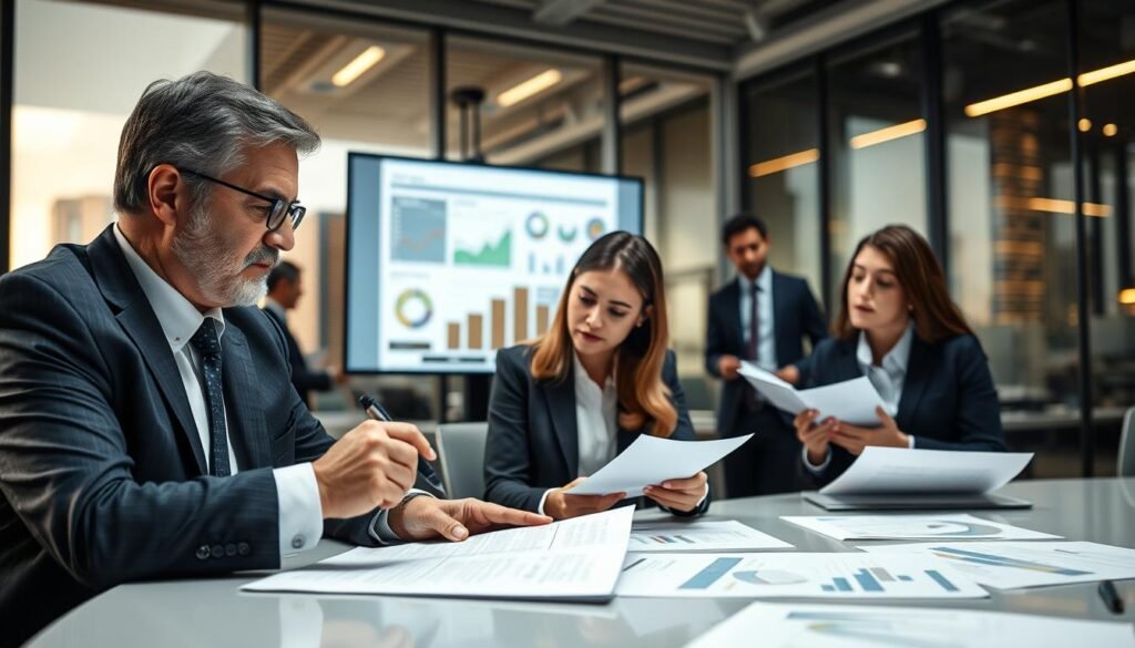 A professional setting showcasing a diverse group of business people engaged in a state contract bidding process. In the foreground, a middle-aged man in a suit reviews documents at a conference table, focused and determined. Next to him, a young woman in professional attire takes notes, eager and attentive. In the middle ground, a large screen displays charts and project proposals, illuminated by soft, warm office lighting. The background features a modern office with glass walls, a cityscape visible through them, suggesting a bustling economy. The overall mood is one of collaboration and ambition, emphasizing the importance of thorough preparation in state contracting. The angle should provide a dynamic view of both the people and the workspace, capturing the essence of professionalism and teamwork.