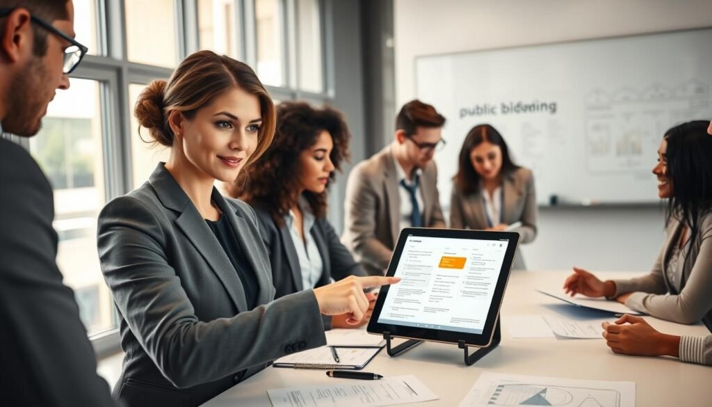 A professional setting showcasing a diverse group of business professionals collaborating around a table. In the foreground, a confident woman in business attire points at a digital tablet displaying a detailed proposal. The middle ground features engaged colleagues, some taking notes, others discussing strategy, all exuding a focused atmosphere. The background includes a modern office environment with large windows letting in natural light, and a whiteboard filled with charts and processes related to public bidding. The lighting is bright and inviting, enhancing the sense of teamwork and productivity. The mood is one of determination and professionalism, emphasizing strategy and efficiency in public procurement bids.