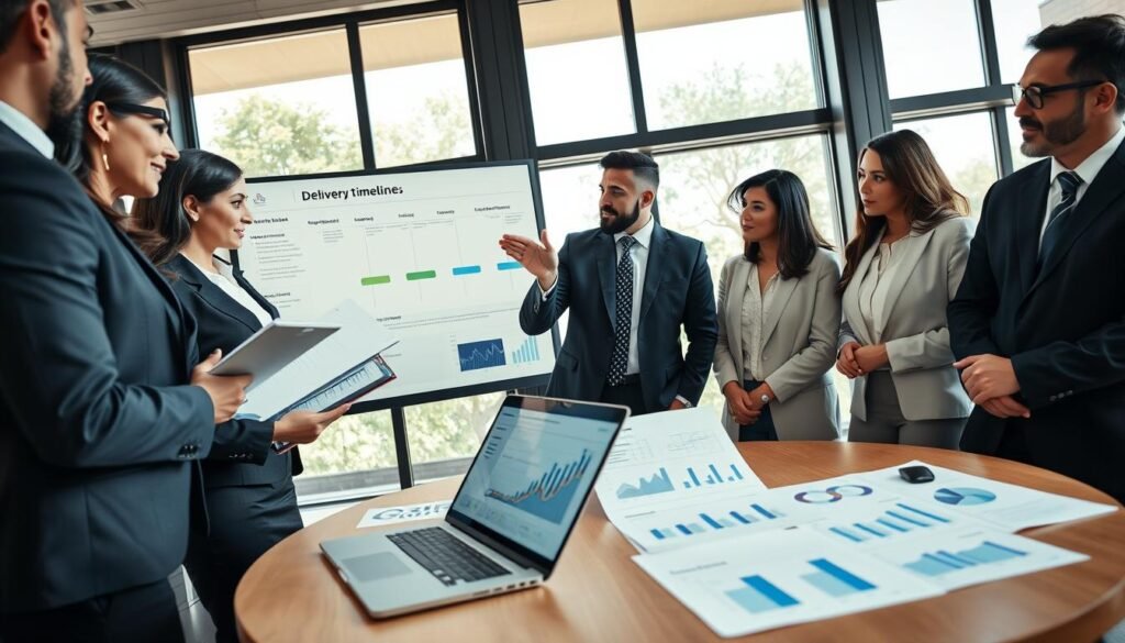 A professional setting showcasing a diverse group of businesspeople engaged in a meeting about delivery timelines and quality control. In the foreground, a woman in a stylish business suit holds a tablet, reviewing documents. Beside her, a man in formal attire points to a detailed project timeline displayed on a large screen. In the middle ground, a round table is filled with charts and graphs representing quality metrics, with a laptop open showing data analysis. The background features large windows with natural light streaming in, creating a bright and collaborative atmosphere. The camera angle captures the intensity of discussion, emphasizing focused expressions and teamwork. The mood is professional, with an air of determination and progress. A professional setting showcasing a diverse group of businesspeople engaged in a meeting about delivery timelines and quality control. In the foreground, a woman in a stylish business suit holds a tablet, reviewing documents. Beside her, a man in formal attire points to a detailed project timeline displayed on a large screen. In the middle ground, a round table is filled with charts and graphs representing quality metrics, with a laptop open showing data analysis. The background features large windows with natural light streaming in, creating a bright and collaborative atmosphere. The camera angle captures the intensity of discussion, emphasizing focused expressions and teamwork. The mood is professional, with an air of determination and progress.