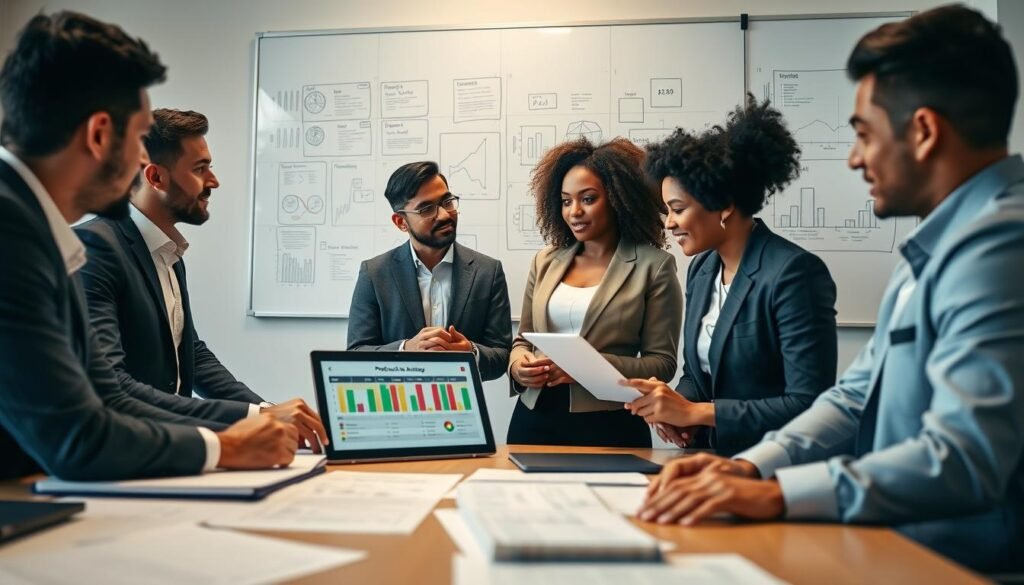 A professional setting showcasing a diverse group of individuals engaged in a collaborative planning session for pre-contractual activities. In the foreground, a table filled with documents, laptops, and a digital tablet displaying a project timeline. In the middle ground, a diverse team of three professionals—two men and one woman—are discussing strategies, dressed in smart business attire, with focused expressions. The background shows a large whiteboard filled with charts and graphs, symbolizing detailed planning. Soft, natural lighting illuminates the room, creating a motivating and serious atmosphere. The camera angle is slightly above eye level, offering a clear view of the collaboration while emphasizing the seriousness of government contracting processes in Colombia.