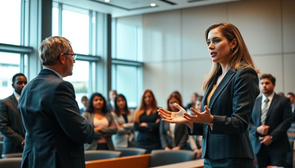 A professional setting showcasing a diverse group of legal professionals engaged in a lively oral argument in a modern courtroom. In the foreground, a confident female lawyer stands passionately addressing the jury, dressed in a tailored business suit. The middle ground features attentive jurors of varying ethnicities, all wearing formal attire, focused on the proceedings. The background reveals a sleek, well-lit courtroom with large windows allowing natural light to illuminate the scene, enhancing the atmosphere of seriousness and professionalism. The mood is tense yet dynamic, capturing the essence of legal advocacy and the importance of oral presentations in the judicial process. The composition emphasizes clarity and organization in legal strategy, with an emphasis on the interaction between speakers and the audience. A professional setting showcasing a diverse group of legal professionals engaged in a lively oral argument in a modern courtroom. In the foreground, a confident female lawyer stands passionately addressing the jury, dressed in a tailored business suit. The middle ground features attentive jurors of varying ethnicities, all wearing formal attire, focused on the proceedings. The background reveals a sleek, well-lit courtroom with large windows allowing natural light to illuminate the scene, enhancing the atmosphere of seriousness and professionalism. The mood is tense yet dynamic, capturing the essence of legal advocacy and the importance of oral presentations in the judicial process. The composition emphasizes clarity and organization in legal strategy, with an emphasis on the interaction between speakers and the audience.