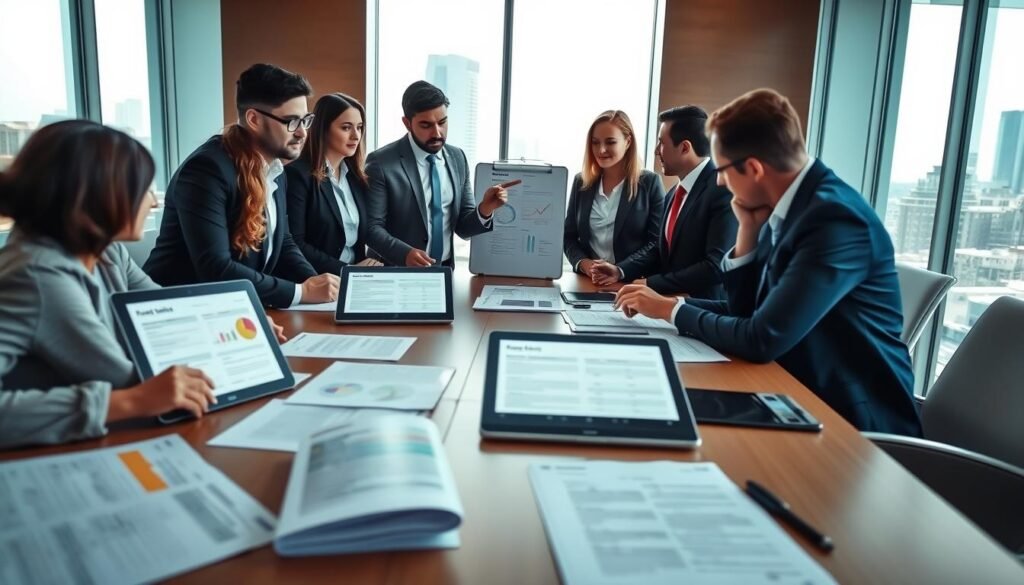 A professional setting showcasing a "perfil contratante" concept, featuring a diverse group of individuals in business attire gathered around a large table in a well-lit conference room. The foreground includes a focused view of documents and digital devices displaying public tender information. In the middle, the group actively discusses and analyzes data on screens, with one individual pointing at a presentation on a flip chart. The background reveals a large window showing an urban landscape, hinting at a corporate environment. The lighting is bright and natural, casting soft shadows, creating an atmosphere of collaboration and seriousness, conveying the urgency of seeking public tenders.