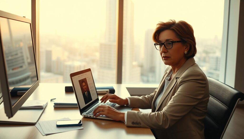 A professional setting showcasing a person in business attire engaged in a digital consultation process at a computer. Foreground focuses on the individual, a middle-aged Colombian woman, navigating the Secop II platform on her laptop, with a determined expression. In the middle, a modern office desk cluttered with official documents and a smartphone showing notifications. The background features a large window revealing a city skyline, bathed in warm afternoon light, creating an inviting atmosphere. Soft shadows enhance the focus on the subject, while the overall color palette is warm and encouraging, symbolizing clarity and purpose in accessing public information. The image should evoke a sense of professionalism and authority. A professional setting showcasing a person in business attire engaged in a digital consultation process at a computer. Foreground focuses on the individual, a middle-aged Colombian woman, navigating the Secop II platform on her laptop, with a determined expression. In the middle, a modern office desk cluttered with official documents and a smartphone showing notifications. The background features a large window revealing a city skyline, bathed in warm afternoon light, creating an inviting atmosphere. Soft shadows enhance the focus on the subject, while the overall color palette is warm and encouraging, symbolizing clarity and purpose in accessing public information. The image should evoke a sense of professionalism and authority.