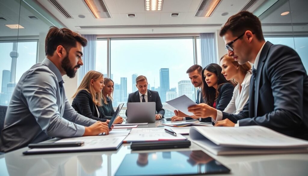 A professional setting showcasing a "proveedor" or supplier engaged in a dynamic business environment. In the foreground, a diverse group of business professionals in smart business attire are interacting around a conference table, examining documents and laptops filled with data. In the middle ground, a large window reveals a modern cityscape, symbolizing growth and opportunity. The lighting is bright and inviting, emanating from both overhead lights and the natural sunlight filtering in. The mood is focused and collaborative, reflecting the competitive nature of securing contracts. The perspective is slightly angled to capture both the intensity of the discussion and the bustling backdrop of commerce outside.