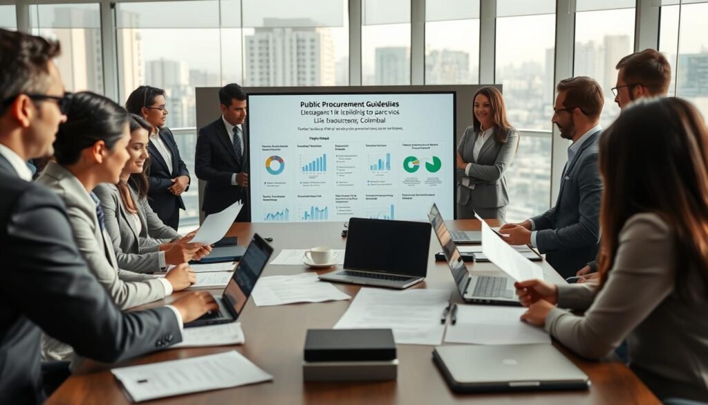 A professional setting showcasing a public bidding process in Colombia. In the foreground, a diverse group of business professionals in formal attire discuss documents related to a public procurement proposal. They are gathered around a large conference table filled with papers, laptops, and stationery. In the middle ground, a large screen displays key points of the bidding guidelines, featuring charts and graphs. The background shows a modern office environment with glass walls and a cityscape view outside, bathed in soft natural light. The atmosphere conveys focus and collaboration, with a sense of transparency and professionalism in the air. The image is captured with a slight angle to emphasize the dynamic interaction among the participants, creating an engaging and informative visual.