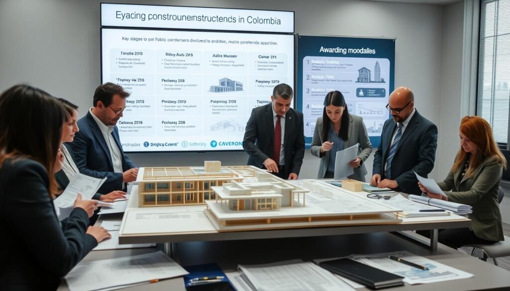 A professional setting showcasing a public construction tender process in Colombia. In the foreground, a diverse group of business professionals in business attire are engaged in lively discussions over documents and blueprints on a large table. In the middle ground, a detailed architectural model of a construction project is displayed prominently, with technical drawings and bidding proposals scattered around. The background features a large digital screen displaying key stages of the tender process and various awarding modalities. The lighting is bright and focused, creating a sense of clarity and collaboration, with a slight lens blur in the background to emphasize the professionals. The atmosphere is dynamic and organized, capturing the essence of public bidding in construction. A professional setting showcasing a public construction tender process in Colombia. In the foreground, a diverse group of business professionals in business attire are engaged in lively discussions over documents and blueprints on a large table. In the middle ground, a detailed architectural model of a construction project is displayed prominently, with technical drawings and bidding proposals scattered around. The background features a large digital screen displaying key stages of the tender process and various awarding modalities. The lighting is bright and focused, creating a sense of clarity and collaboration, with a slight lens blur in the background to emphasize the professionals. The atmosphere is dynamic and organized, capturing the essence of public bidding in construction.