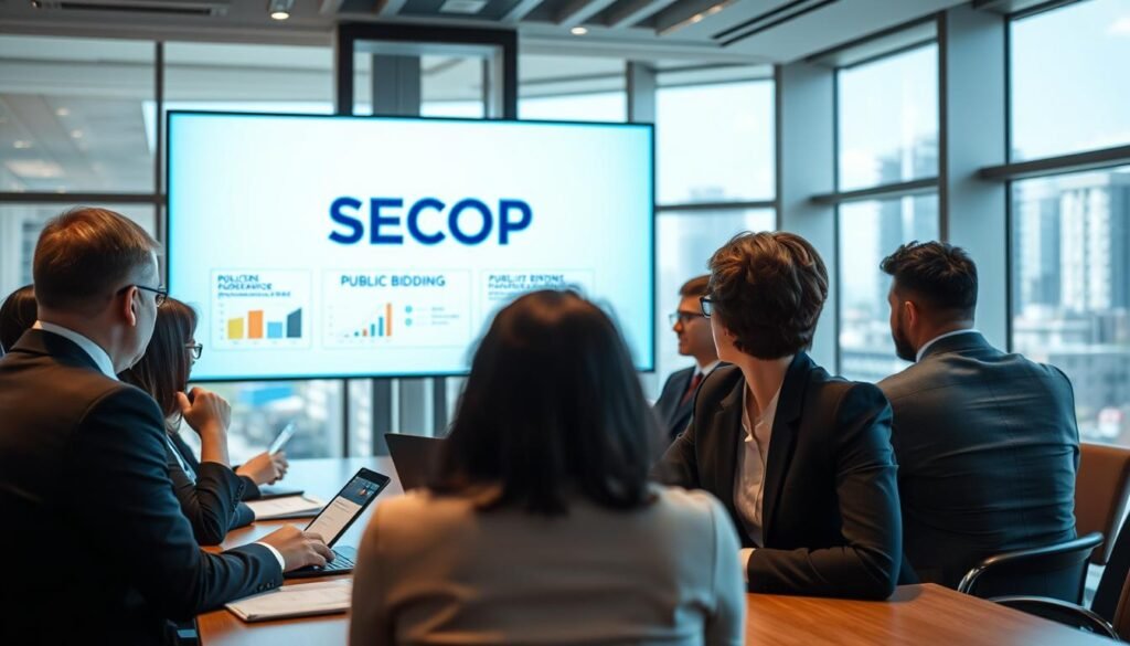 A professional setting showcasing a public procurement meeting in Colombia. In the foreground, a diverse group of professionals in business attire, engaged in discussion, with documents and laptops open, symbolizing collaboration. The middle ground features a large digital screen displaying the SECOP logo, along with visual representations of public bidding processes, such as graphs and flowcharts. In the background, a modern conference room filled with natural light from large windows, hinting at a bustling cityscape outside. The atmosphere is one of focus and professionalism, with warm lighting to create an inviting yet serious mood. The angle captures both the engagement of the team and the informative display behind them, emphasizing the theme of public tenders and opportunities. A professional setting showcasing a public procurement meeting in Colombia. In the foreground, a diverse group of professionals in business attire, engaged in discussion, with documents and laptops open, symbolizing collaboration. The middle ground features a large digital screen displaying the SECOP logo, along with visual representations of public bidding processes, such as graphs and flowcharts. In the background, a modern conference room filled with natural light from large windows, hinting at a bustling cityscape outside. The atmosphere is one of focus and professionalism, with warm lighting to create an inviting yet serious mood. The angle captures both the engagement of the team and the informative display behind them, emphasizing the theme of public tenders and opportunities.