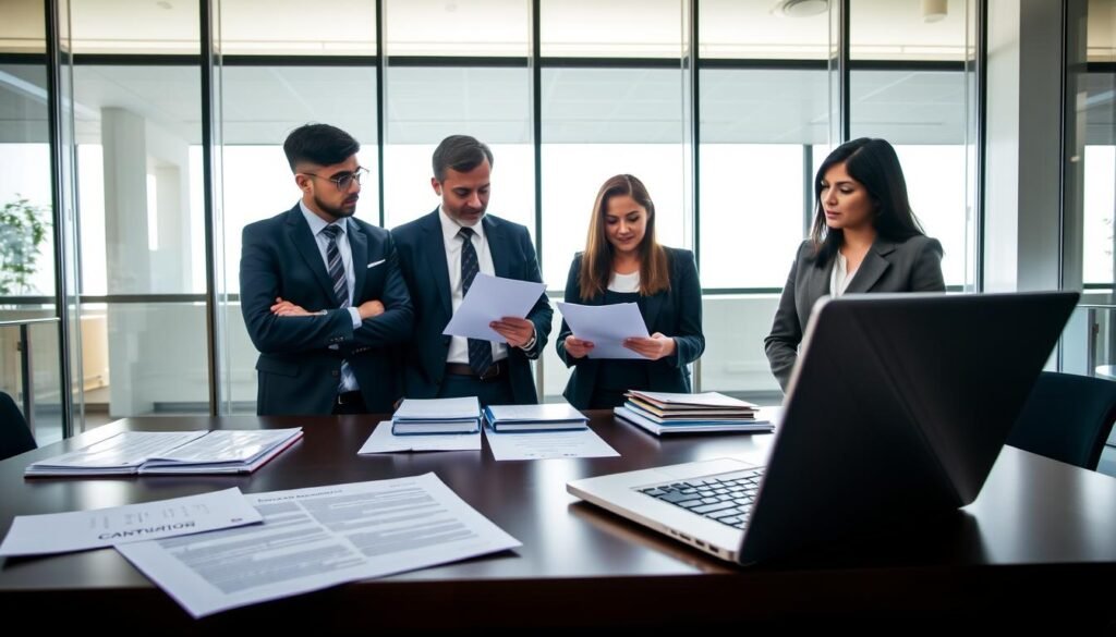 A professional setting showcasing a public tender example in Colombia. In the foreground, a neatly organized table with a variety of tender documents, including contracts and eligibility criteria. On the table, a sleek laptop is open, displaying an online procurement platform. In the middle ground, a diverse group of four professionals in business attire—two men and two women—are engaged in a discussion, analyzing the documents with expressions of focus and determination. The background features a modern office environment with a large window allowing natural light to illuminate the scene, casting soft shadows. The overall atmosphere is one of collaboration and professionalism, emphasizing the importance of understanding public contracts. A professional setting showcasing a public tender example in Colombia. In the foreground, a neatly organized table with a variety of tender documents, including contracts and eligibility criteria. On the table, a sleek laptop is open, displaying an online procurement platform. In the middle ground, a diverse group of four professionals in business attire—two men and two women—are engaged in a discussion, analyzing the documents with expressions of focus and determination. The background features a modern office environment with a large window allowing natural light to illuminate the scene, casting soft shadows. The overall atmosphere is one of collaboration and professionalism, emphasizing the importance of understanding public contracts.
