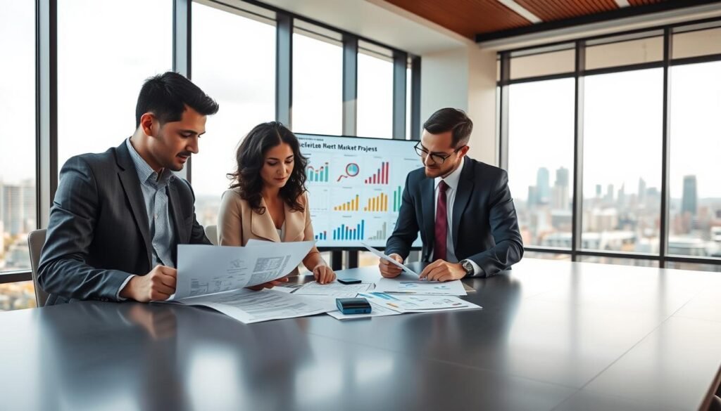 A professional setting showcasing an electrical bid process in Colombia. In the foreground, a diverse group of three individuals in smart business attire—two men and one woman—analyze documents and project plans at a sleek conference table. The middle layer features a large monitor displaying charts and graphs related to electrical projects. In the background, a city skyline can be seen through large windows, symbolizing the market context. Soft, natural lighting enhances the professionalism of the scene, while a slightly angled perspective adds depth. The overall atmosphere conveys collaboration and strategic thinking, emphasizing the technical aspects of evaluating electric bids.