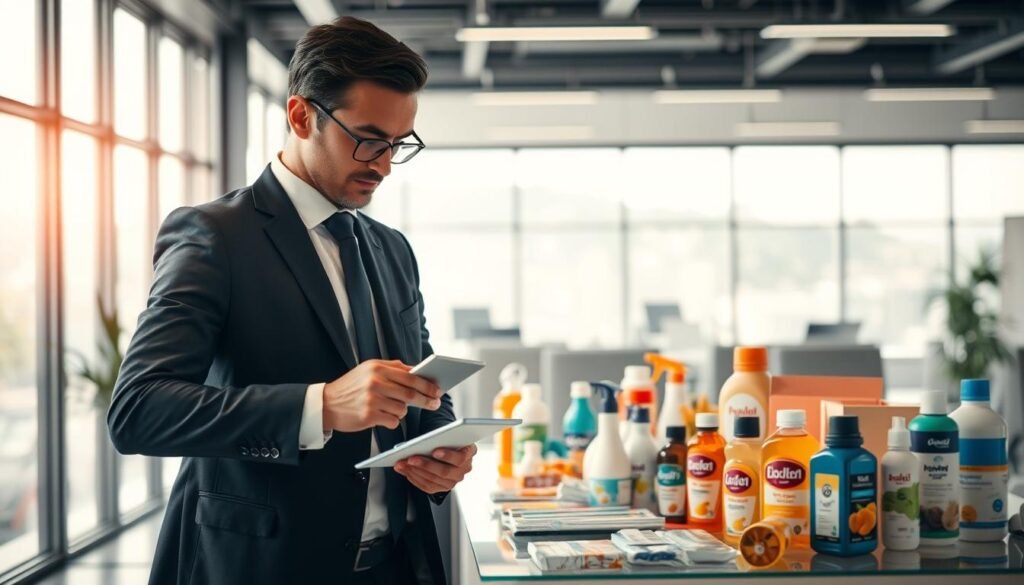 A professional setting showcasing the concept of "product quality." In the foreground, a well-dressed businessperson examines a selection of high-quality products, emphasizing attention to detail. The middle ground features a clear display of various consumer goods, organized neatly on a table, with highlights on their packaging and labels that suggest quality assurance and safety standards. The background displays a sleek, modern office environment with soft, ambient lighting filtering through large windows, creating an inviting atmosphere. The lens captures a slightly elevated angle, focusing on the products while allowing the businessperson’s thoughtful expression to convey diligence and trust. The overall mood is one of professionalism and assurance, symbolizing the importance of evaluating product claims effectively. A professional setting showcasing the concept of "product quality." In the foreground, a well-dressed businessperson examines a selection of high-quality products, emphasizing attention to detail. The middle ground features a clear display of various consumer goods, organized neatly on a table, with highlights on their packaging and labels that suggest quality assurance and safety standards. The background displays a sleek, modern office environment with soft, ambient lighting filtering through large windows, creating an inviting atmosphere. The lens captures a slightly elevated angle, focusing on the products while allowing the businessperson’s thoughtful expression to convey diligence and trust. The overall mood is one of professionalism and assurance, symbolizing the importance of evaluating product claims effectively.