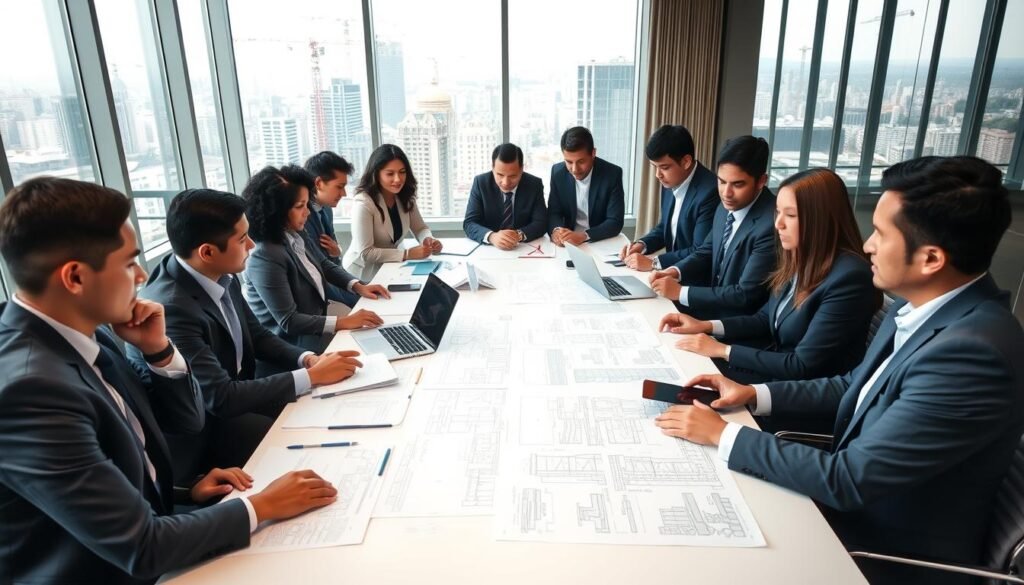 A professional setting showcasing the pre-contractual phase of public work hiring in Colombia. In the foreground, a diverse group of professionals in business attire is gathered around a large conference table, examining project documents and discussing plans. Their expressions reflect concentration and collaboration. The middle ground features blueprints and architectural plans spread out on the table, along with laptops and notepads. In the background, large windows allow natural light to flood the room, highlighting a cityscape with construction cranes and buildings under development. The atmosphere is focused and dynamic, conveying a sense of urgency and importance in project planning. The image embodies teamwork, professionalism, and strategic planning. A professional setting showcasing the pre-contractual phase of public work hiring in Colombia. In the foreground, a diverse group of professionals in business attire is gathered around a large conference table, examining project documents and discussing plans. Their expressions reflect concentration and collaboration. The middle ground features blueprints and architectural plans spread out on the table, along with laptops and notepads. In the background, large windows allow natural light to flood the room, highlighting a cityscape with construction cranes and buildings under development. The atmosphere is focused and dynamic, conveying a sense of urgency and importance in project planning. The image embodies teamwork, professionalism, and strategic planning.