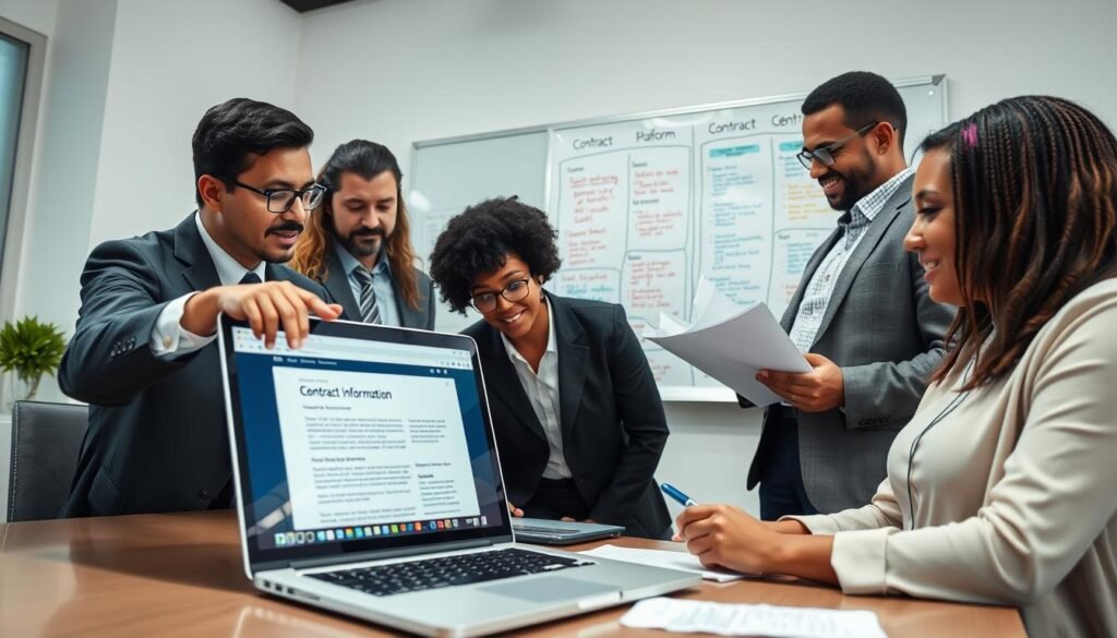 A professional setting showing a diverse group of individuals collaborating over digital devices in a well-lit office environment. In the foreground, focus on a laptop displaying a webpage titled "Contract Information." Nearby, a person in smart business attire points to the screen, explaining the content. In the middle ground, another colleague is examining printed documents related to contracts, with a notepad and pen ready for notes. Behind them, a large whiteboard displays outlines of different platforms for contract search, filled with colorful diagrams and bullet points. The lighting is bright and inviting, emphasizing a cooperative and focused atmosphere. The angle is slightly elevated, capturing the entire scene while maintaining clarity on the main activities occurring in the foreground, conveying a sense of professionalism and teamwork.