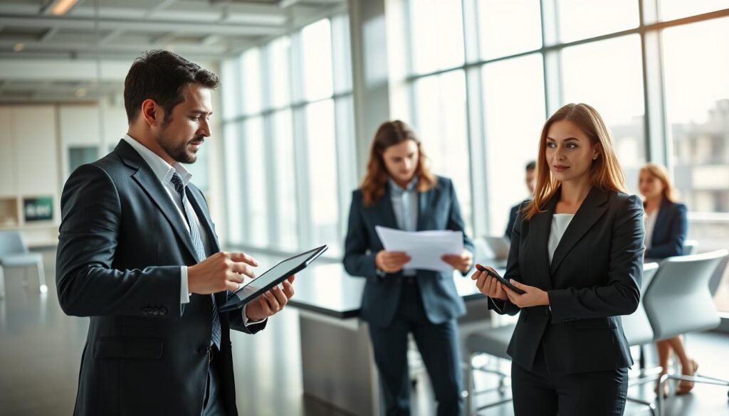 A professional setting where a diverse group of businesspeople are engaged in presenting offers. In the foreground, two individuals—one man in a sharp suit and one woman in a tailored blazer—are confidently making a presentation using a digital tablet. In the middle ground, other team members are seated at a sleek conference table, reviewing documents and discussing strategies. The background features a modern office space with large windows allowing natural light to flood in, creating a bright and inviting atmosphere. The lighting is soft yet focused, enhancing the professional ambiance. The image conveys a sense of teamwork, preparation, and professionalism, ideal for highlighting the importance of crafting and presenting offers without errors. A professional setting where a diverse group of businesspeople are engaged in presenting offers. In the foreground, two individuals—one man in a sharp suit and one woman in a tailored blazer—are confidently making a presentation using a digital tablet. In the middle ground, other team members are seated at a sleek conference table, reviewing documents and discussing strategies. The background features a modern office space with large windows allowing natural light to flood in, creating a bright and inviting atmosphere. The lighting is soft yet focused, enhancing the professional ambiance. The image conveys a sense of teamwork, preparation, and professionalism, ideal for highlighting the importance of crafting and presenting offers without errors.
