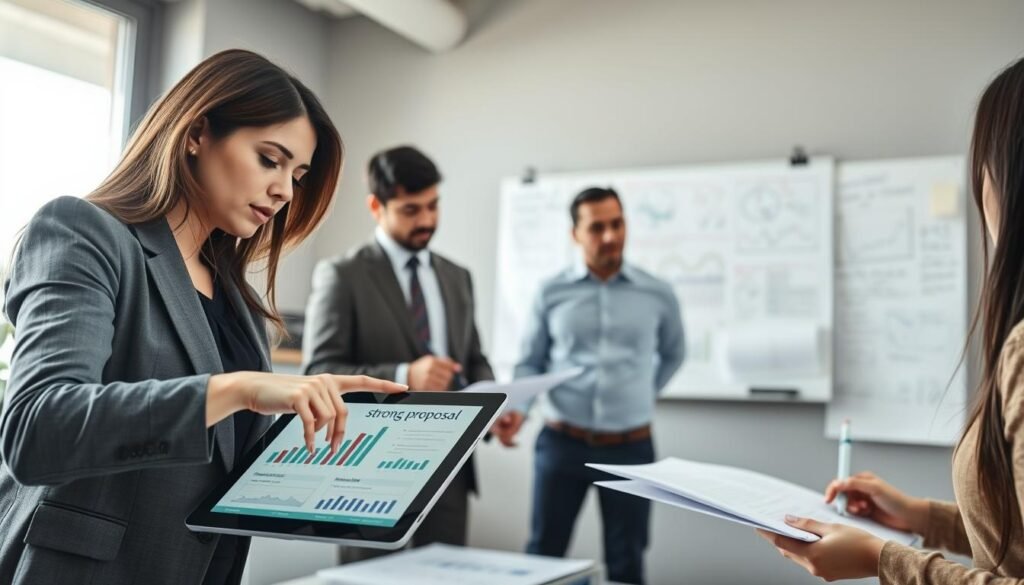 A professional setting where a diverse group of individuals in business attire are collaboratively drafting a technical proposal. In the foreground, a focused woman points at a digital tablet displaying graphs and charts, suggesting key metrics for a strong proposal. In the middle ground, two men are discussing over printed documents, highlighting sections with colored markers. In the background, a large whiteboard filled with diagrams and notes about proposal strategies captures the busy atmosphere. Soft, natural lighting streams through large windows, illuminating the room and enhancing a mood of productivity and teamwork. The angle is slightly elevated, providing a clear view of the collaborative workspace without any distractions. A professional setting where a diverse group of individuals in business attire are collaboratively drafting a technical proposal. In the foreground, a focused woman points at a digital tablet displaying graphs and charts, suggesting key metrics for a strong proposal. In the middle ground, two men are discussing over printed documents, highlighting sections with colored markers. In the background, a large whiteboard filled with diagrams and notes about proposal strategies captures the busy atmosphere. Soft, natural lighting streams through large windows, illuminating the room and enhancing a mood of productivity and teamwork. The angle is slightly elevated, providing a clear view of the collaborative workspace without any distractions.