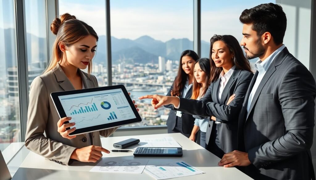 A professional team engaged in a strategy meeting in a modern office setting, featuring a diverse group of individuals in business attire. In the foreground, a focused woman points at a digital tablet displaying graphs and charts related to service management and opportunities in Buenaventura. In the middle ground, a large window reveals a bustling cityscape of Buenaventura with its harbor and mountains, symbolizing economic opportunities in Valle del Cauca. The background showcases a sleek, contemporary office with bright, natural lighting illuminating the scene, creating an atmosphere of collaboration and innovation. The overall mood is dynamic and forward-thinking, emphasizing the notion of effective service management and assessment in a vibrant urban environment.