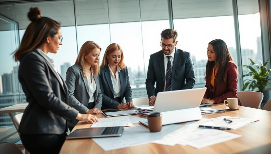 A professional team of diverse individuals collaborating in a modern office setting. Foreground features a group of three consultants, one woman and two men, dressed in professional business attire: tailored suits and blouses. They are engaged in a discussion over a laptop, showcasing teamwork and strategy. In the middle, a large table is scattered with legal documents, a laptop, and a cup of coffee, reflecting a busy work environment. The background displays a glass wall with a city skyline visible, emphasizing an urban consulting firm atmosphere. Soft, natural lighting streams in from the windows, creating a bright and inviting mood. The angle captures the team dynamically, as they brainstorm solutions for public contracting challenges, emphasizing professionalism and expertise. A professional team of diverse individuals collaborating in a modern office setting. Foreground features a group of three consultants, one woman and two men, dressed in professional business attire: tailored suits and blouses. They are engaged in a discussion over a laptop, showcasing teamwork and strategy. In the middle, a large table is scattered with legal documents, a laptop, and a cup of coffee, reflecting a busy work environment. The background displays a glass wall with a city skyline visible, emphasizing an urban consulting firm atmosphere. Soft, natural lighting streams in from the windows, creating a bright and inviting mood. The angle captures the team dynamically, as they brainstorm solutions for public contracting challenges, emphasizing professionalism and expertise.