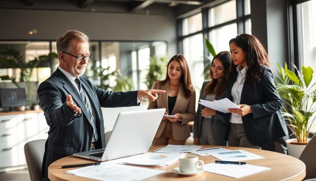 A professional team of diverse individuals engaged in a strategic meeting, discussing public procurement opportunities. In the foreground, a focused middle-aged man in a suit points at a laptop screen displaying a digital dashboard with charts and graphs, representing tender processes. Beside him, a young woman in smart attire takes notes, highlighting key points. In the middle ground, a round conference table scattered with documents, pens, and a coffee cup symbolizes collaboration. The background features a large window with natural light streaming in, illuminating the modern office filled with plants. The atmosphere is productive and forward-thinking, emphasizing efficiency and professionalism in public tenders. Soft lighting enhances the warm and inviting mood, captured from a slightly elevated angle to encompass the entire scene. A professional team of diverse individuals engaged in a strategic meeting, discussing public procurement opportunities. In the foreground, a focused middle-aged man in a suit points at a laptop screen displaying a digital dashboard with charts and graphs, representing tender processes. Beside him, a young woman in smart attire takes notes, highlighting key points. In the middle ground, a round conference table scattered with documents, pens, and a coffee cup symbolizes collaboration. The background features a large window with natural light streaming in, illuminating the modern office filled with plants. The atmosphere is productive and forward-thinking, emphasizing efficiency and professionalism in public tenders. Soft lighting enhances the warm and inviting mood, captured from a slightly elevated angle to encompass the entire scene.