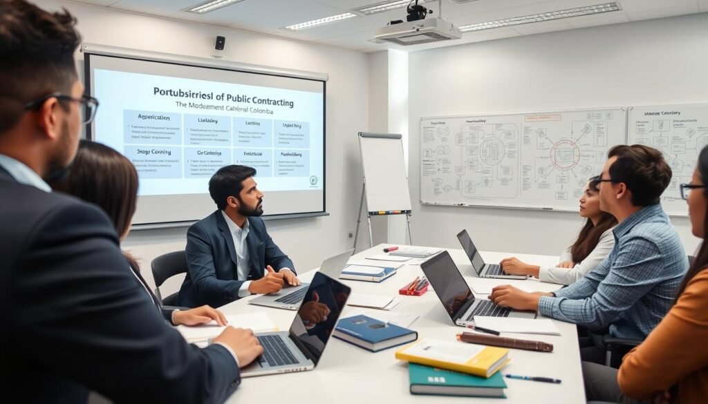 A professional training session on public contracting in Colombia, featuring a diverse group of individuals engaged in discussion and collaboration. In the foreground, a couple of participants in smart business attire are taking notes and sharing ideas, while a male instructor presents information on a projector screen that outlines the different modalities of public contracting. In the middle zone, a large table is scattered with laptops, books, and documents about public procurement opportunities. The background showcases a modern classroom with bright lighting, large windows letting in natural light, and a whiteboard filled with diagrams and flowcharts. The atmosphere is focused and inspiring, suggesting accessibility, investment in education, and support for aspiring contractors. A professional training session on public contracting in Colombia, featuring a diverse group of individuals engaged in discussion and collaboration. In the foreground, a couple of participants in smart business attire are taking notes and sharing ideas, while a male instructor presents information on a projector screen that outlines the different modalities of public contracting. In the middle zone, a large table is scattered with laptops, books, and documents about public procurement opportunities. The background showcases a modern classroom with bright lighting, large windows letting in natural light, and a whiteboard filled with diagrams and flowcharts. The atmosphere is focused and inspiring, suggesting accessibility, investment in education, and support for aspiring contractors.