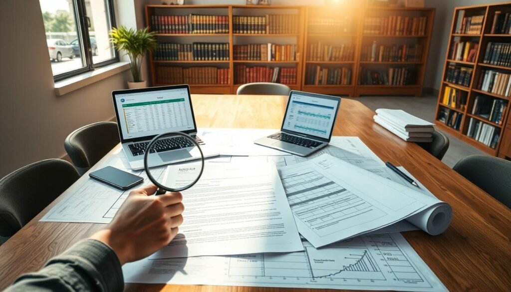 A professional workspace centered around a large wooden table covered with blueprints and construction contracts. In the foreground, a pair of hands are reviewing a detailed contract with a magnifying glass. The middle ground features an open laptop displaying a spreadsheet filled with project bids and timelines. Bright natural light streams through large windows, creating an inviting atmosphere while soft shadows enhance depth. In the background, a bookshelf filled with legal and construction reference books underscores the importance of thorough evaluation. The scene conveys a mood of diligence and focus, embodying the seriousness of analyzing contracts before investment. The setting should appear organized and professional, reflecting a serious yet optimistic approach to finding opportunities in construction contracts. A professional workspace centered around a large wooden table covered with blueprints and construction contracts. In the foreground, a pair of hands are reviewing a detailed contract with a magnifying glass. The middle ground features an open laptop displaying a spreadsheet filled with project bids and timelines. Bright natural light streams through large windows, creating an inviting atmosphere while soft shadows enhance depth. In the background, a bookshelf filled with legal and construction reference books underscores the importance of thorough evaluation. The scene conveys a mood of diligence and focus, embodying the seriousness of analyzing contracts before investment. The setting should appear organized and professional, reflecting a serious yet optimistic approach to finding opportunities in construction contracts.