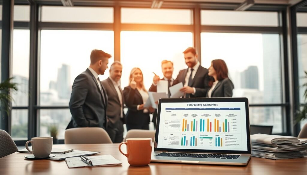 A professional workspace depicting the concept of filtering public bidding opportunities. In the foreground, a laptop with an open screen showing a detailed chart on bidding processes, surrounded by neatly organized documents and a coffee cup. In the middle ground, a diverse group of professionals in smart business attire discussing strategies, analyzing data, and pointing at the screen with focused expressions. The background features large windows letting in natural light, with a cityscape view, enhancing a sense of opportunity. The atmosphere is dynamic and collaborative, highlighting a sense of urgency and determination. Soft, warm lighting adds a welcoming feel, inviting viewers into the scene and emphasizing productivity.
