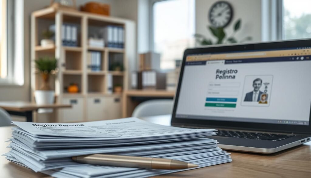 A professional workspace featuring a collection of documents related to personal registration. In the foreground, a neatly organized stack of various forms labeled "Registro Persona," such as identification papers and application forms, alongside a pen. In the middle ground, a laptop shows a partially visible login page for a government website, symbolizing online registration, with a blurred view that maintains focus on the documents. In the background, a softly lit office environment with shelves holding files, a clock on the wall, and a potted plant, creating a calm, focused atmosphere. Natural light from a large window emphasizes clarity and professionalism. The overall mood is one of readiness and efficiency, without any text or human presence. A professional workspace featuring a collection of documents related to personal registration. In the foreground, a neatly organized stack of various forms labeled "Registro Persona," such as identification papers and application forms, alongside a pen. In the middle ground, a laptop shows a partially visible login page for a government website, symbolizing online registration, with a blurred view that maintains focus on the documents. In the background, a softly lit office environment with shelves holding files, a clock on the wall, and a potted plant, creating a calm, focused atmosphere. Natural light from a large window emphasizes clarity and professionalism. The overall mood is one of readiness and efficiency, without any text or human presence.