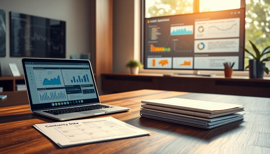 A professional workspace featuring a large, modern wooden desk with a laptop open, displaying detailed charts and graphs related to the contracting process in Colombia. On the desk, there should be organized folders labeled with terms like "data," "documents," and "evaluation." In the background, a large screen shows a digital dashboard with data visuals and process flows about contracting. Warm, natural light filters through a window, creating a welcoming and focused atmosphere. The overall mood should reflect productivity and clarity, showcasing an environment conducive to research and analysis. The scene captures the essence of a practical directory for consultations and verifications, emphasizing a structured approach to managing contracting processes.