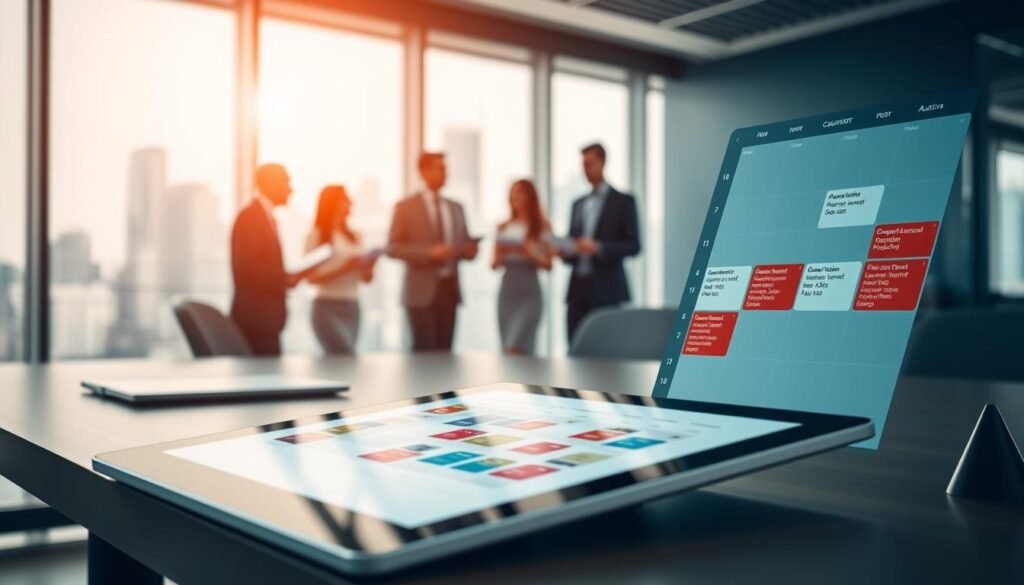 A professional workspace, featuring a modern office desk with a large calendar displaying important dates and timelines related to document management for auctions. In the foreground, a close-up of a sleek digital tablet shows an automated scheduling app interface, with colorful notifications for deadlines and milestones. The middle section includes blurred figures of diverse business professionals in smart attire, engaged in discussion and referring to documents, symbolizing collaboration and teamwork. The background features a large window with soft, natural light pouring in, revealing a city skyline. The atmosphere is focused and organized, emphasizing efficiency and clarity in managing timelines and key dates. The overall mood should reflect a sense of productivity and innovation.