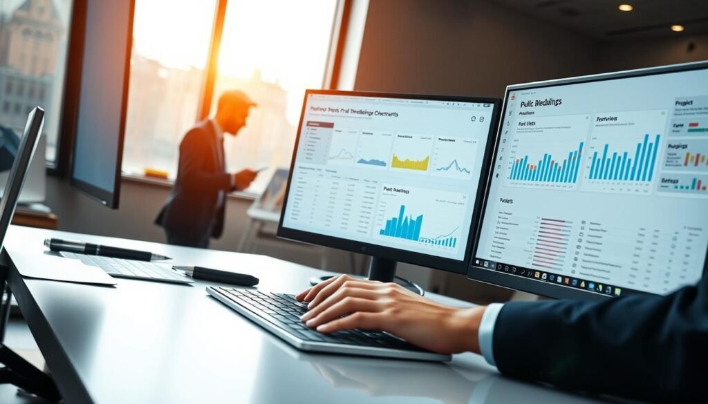 A professional workspace featuring a sleek desk with a high-tech computer displaying graphs and charts related to public bidding opportunities. In the foreground, a pair of hands types on the keyboard, dressed in smart business attire, immersed in their work. The middle ground includes a focused individual using filters on the screen to sort through various projects and alerts, emphasizing precision in their search. The background shows a large window with soft, natural light pouring in, casting a warm glow across the room. The atmosphere is one of productivity and concentration, with organized documents and graphs showcasing relevant business data, all captured with a sharp focus and a slight depth of field to create a professional ambiance. A professional workspace featuring a sleek desk with a high-tech computer displaying graphs and charts related to public bidding opportunities. In the foreground, a pair of hands types on the keyboard, dressed in smart business attire, immersed in their work. The middle ground includes a focused individual using filters on the screen to sort through various projects and alerts, emphasizing precision in their search. The background shows a large window with soft, natural light pouring in, casting a warm glow across the room. The atmosphere is one of productivity and concentration, with organized documents and graphs showcasing relevant business data, all captured with a sharp focus and a slight depth of field to create a professional ambiance.