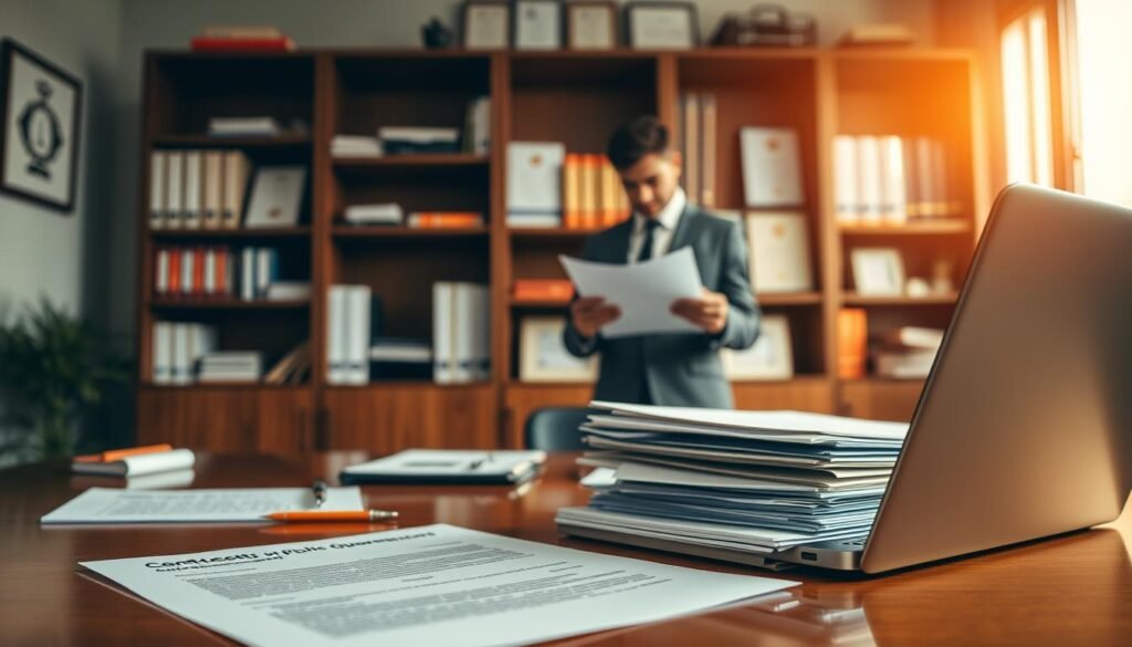 A professional workspace featuring essential business documents related to public bidding in Colombia, meticulously arranged on a polished wooden desk. In the foreground, focus on neatly stacked papers, including contracts, guarantees, and support documents. A stylish, closed laptop sits nearby, reflecting a bright, warm office lighting that enhances the atmosphere of diligence and preparation. In the middle ground, a business professional in a crisp suit examines a document, demonstrating an engaged and thoughtful stance. The background showcases a well-organized bookcase filled with industry-related books and certificates, symbolizing expertise and trustworthiness. A soft, natural light filters through a window, creating a serene, focused ambiance perfect for concentration and decision-making. The overall mood conveys professionalism, readiness, and opportunity.